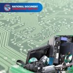 E-waste items for disposal with National Document Shredding Service logo, promoting secure Confidential e-Waste Bin use.