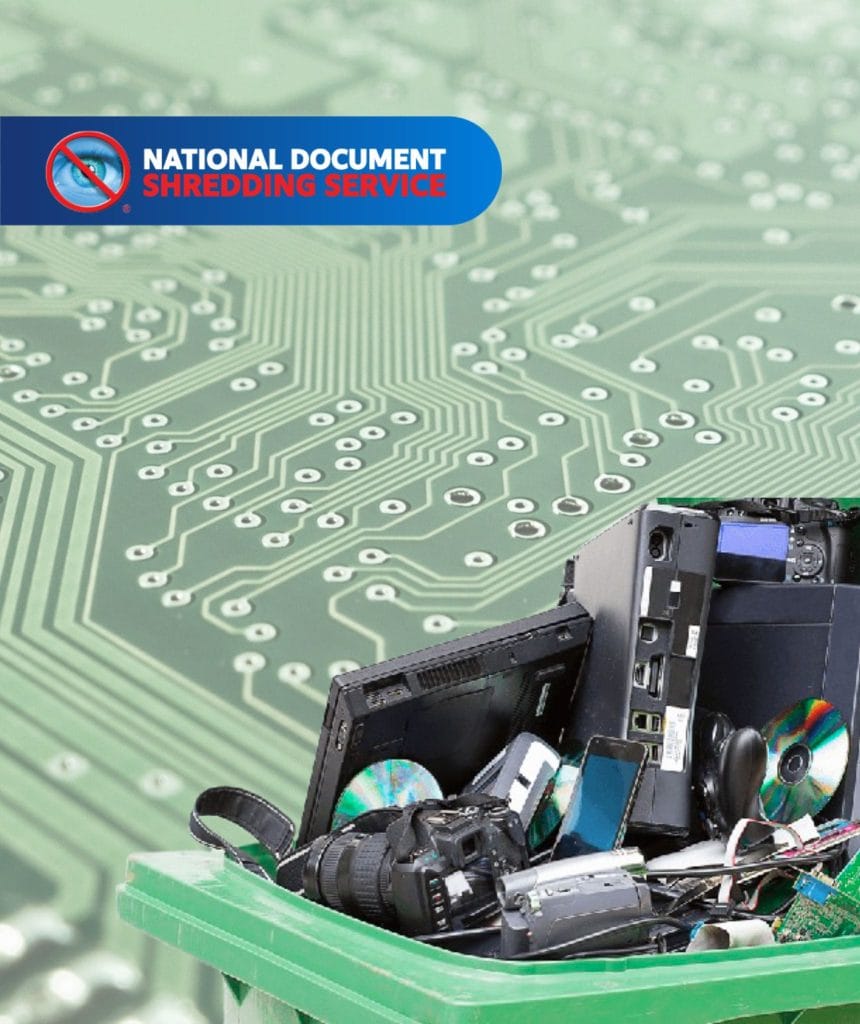 E-waste items for disposal with National Document Shredding Service logo, promoting secure Confidential e-Waste Bin use.