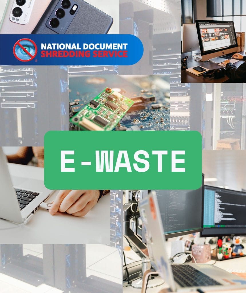 E-waste items for disposal with National Document Shredding Service logo, promoting secure Confidential e-Waste Bin use.
