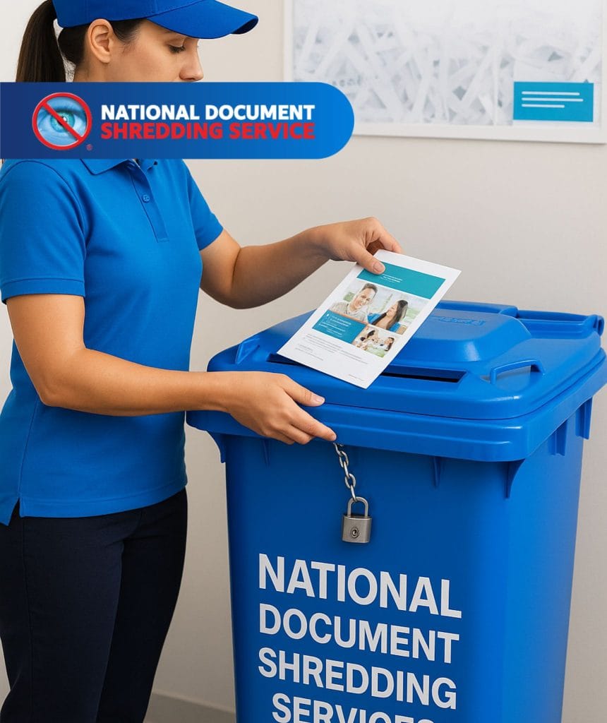 Person placing personal paper documents into lockable shredding bins for secure and confidential disposal.