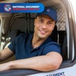 Mobile Shredding service van parked outside a business, securely destroying confidential documents on-site.