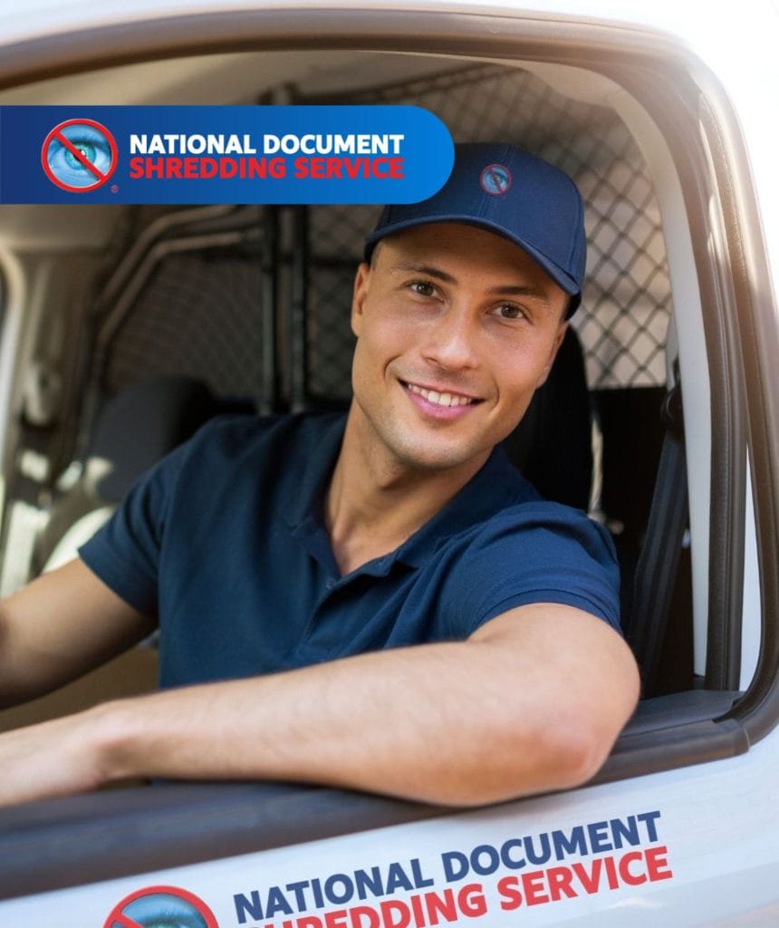 Mobile Shredding service van parked outside a business, securely destroying confidential documents on-site.