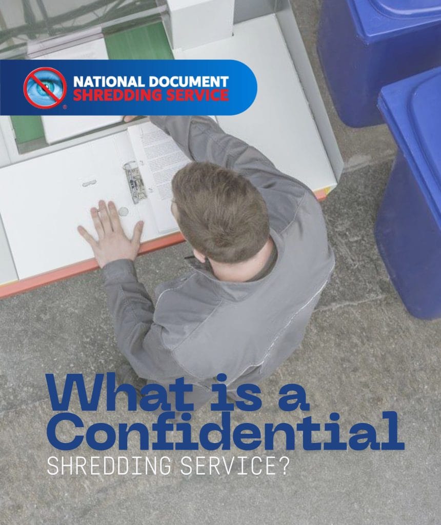 Person checking confidential documents before placing them in a shredding bin for secure disposal.