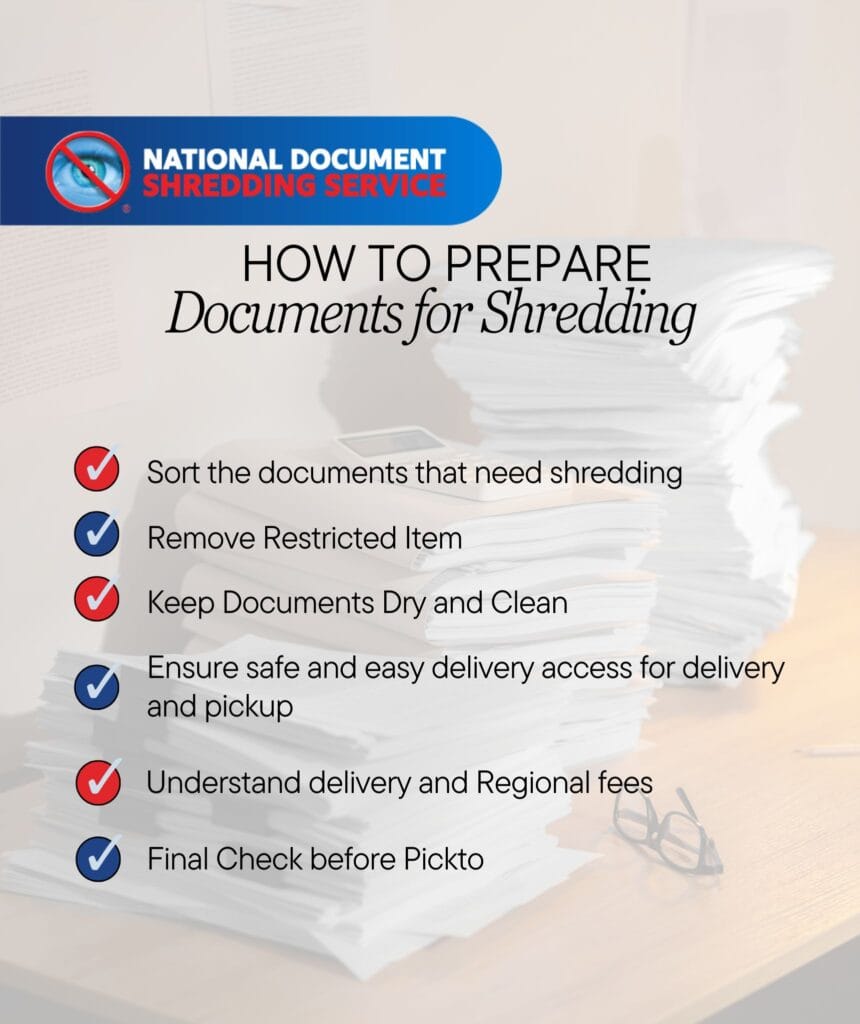 National Shred Queensland guide infographic titled ‘How to Prepare Documents for Shredding,’ showing seven steps with icons: sorting documents, removing restricted items, keeping documents dry, preparing bins or bags, ensuring delivery and pickup access, understanding delivery and regional fees, and completing a final check.