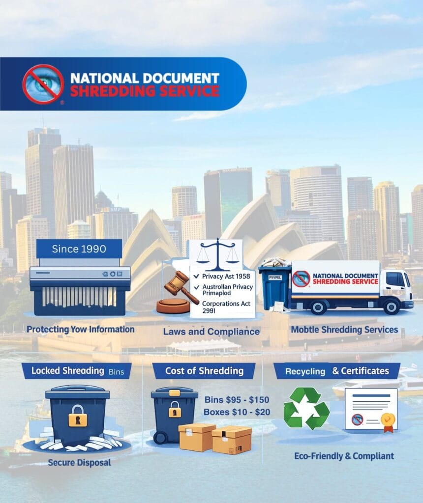 Infographic showing secure shredding services Sydney, including locked shredding bins, mobile shredding trucks, paper shredding, secure disposal, cost of shredding, recycling, and certificates of destruction.