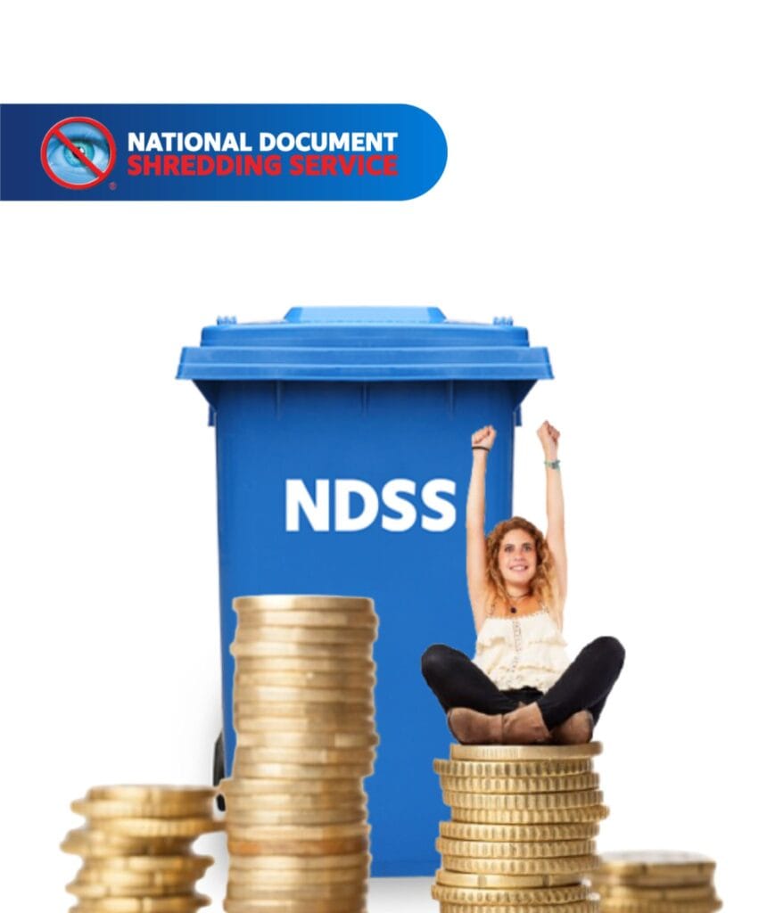 Woman with coins saving on cheapest shredding services Australia using National Shred bin